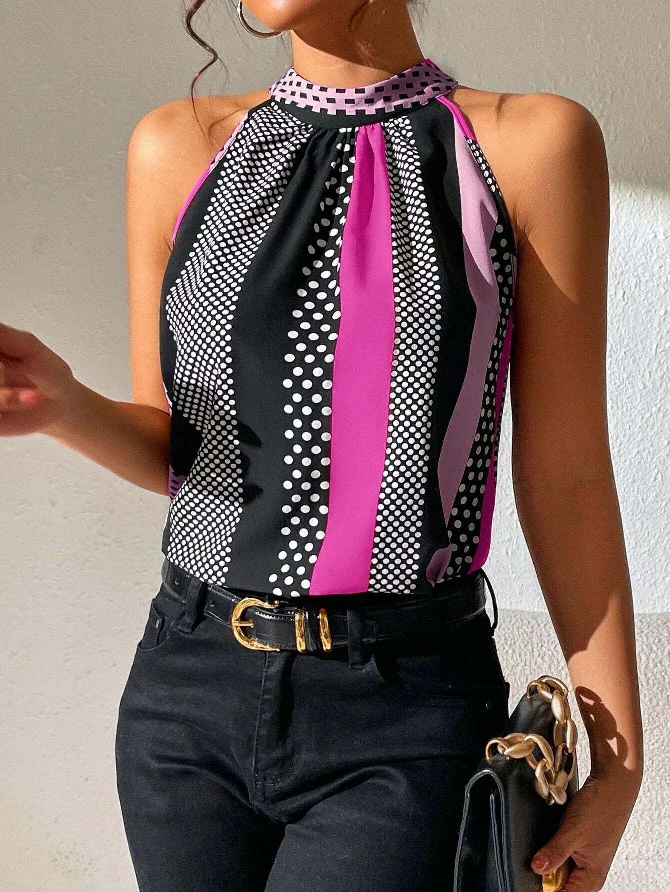 Jolien | Haltertop met Retro Print en Ruches